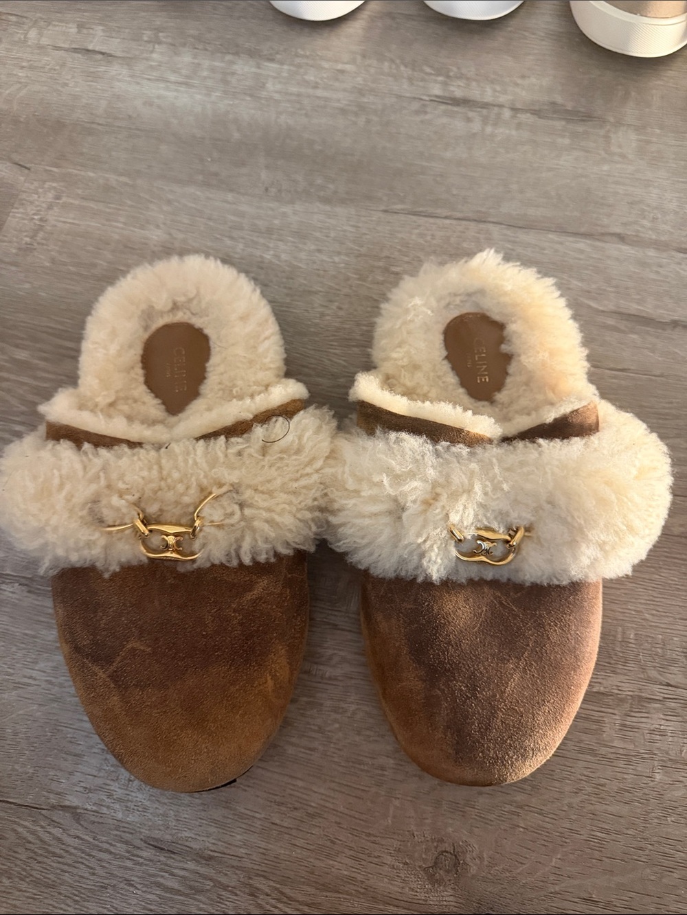 Kids Shearling-Lined Faux Suede Slippers with Gold Bit - Cream & Brown - Picture 1 of 2